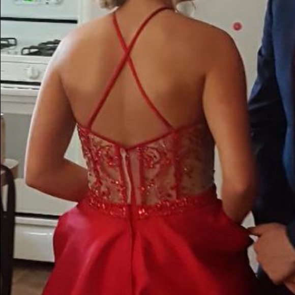 Red Halter Prom Dress with pockets - Picture 4 of 4